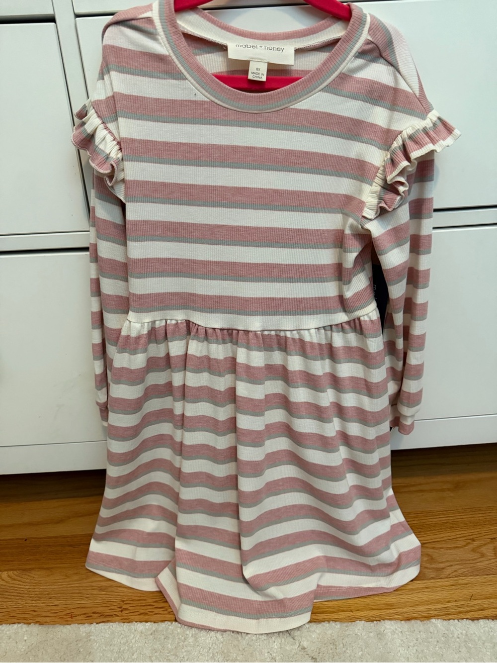 Girls' Pink & White Stripe Ruffle Long-Sleeve Dress